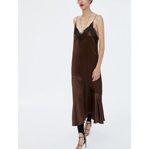NWT ZARA BROWN SILK SATIN SLIP DRESS WITH BLACK LACE DETAIL SZ L